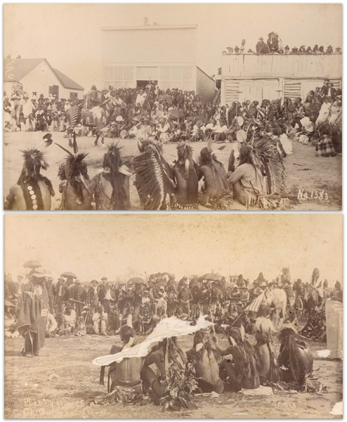 Two Original Sioux Photographs From 1891, Shortly After the Wounded Knee Massacre -- One Photograph Depicts Plenty Horses at an Omaha Dance at the Pine Ridge Agency